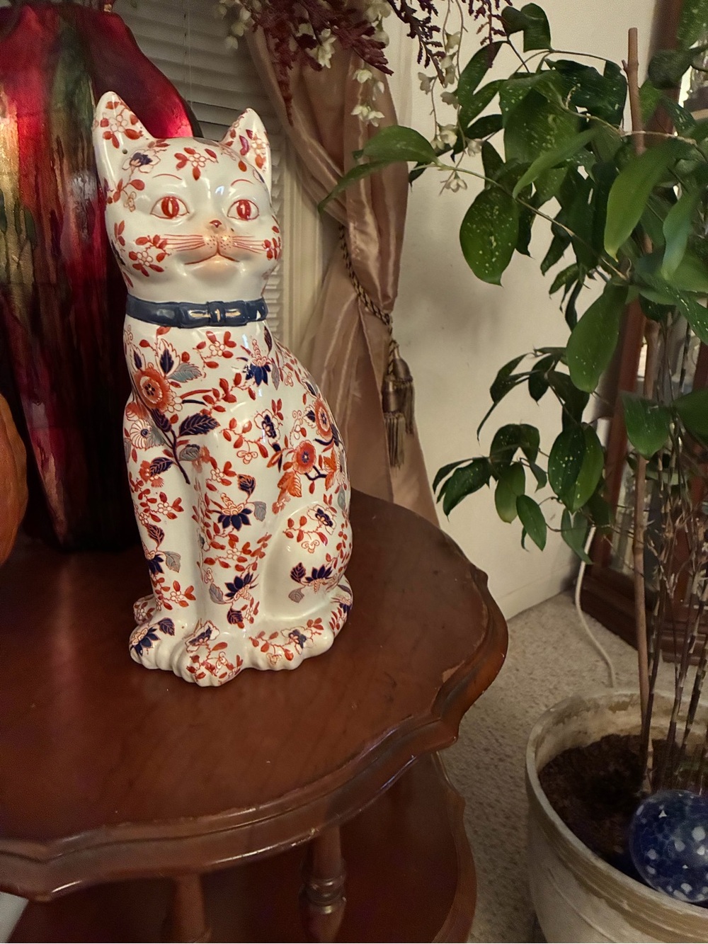 Hand-Painted Ceramic Cat Figurine with Blue Collar — White, Orange & Blue